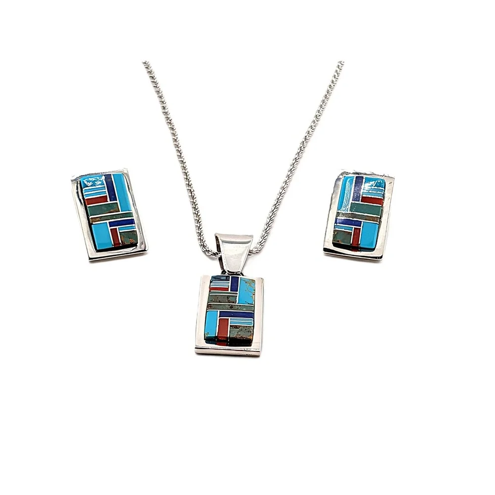 Authentic Patricia Becenti Navajo Inlay Necklace‎ & Earring Set Mosaic Jewelry**